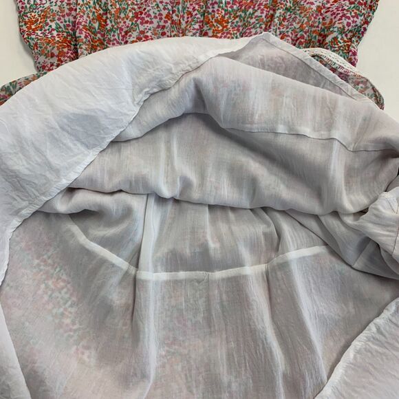 Q + A Cap Sleeve Smocked Mini Dress Womens S Small Ditsy Pink Floral Tiered Lace - Picture 6 of 10